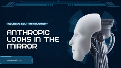Anthropic recursive self-improvement (RSI) AI warning blog header with a humanoid AI face looking in the mirror